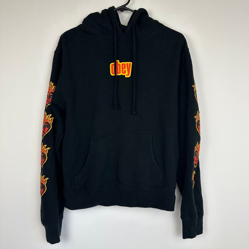 Obey Propaganda Womens Long Sleeve Flame Face Logo Black Pullover Hoodie Large